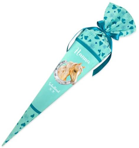 Dein Lieblingsteil Deine Schultüte aus Stoff Kuschel Velvet Wunschmotiv individualisierbar mit Wunschname personalisierbar 70 cm 85 cm – Mädchen (Modell 17: Hufeisen Pferd, 70 cm ohne Kissen)