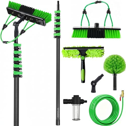 Carbon Fibre Telescopic Pole 33ft Washing Kit: Water-fed Brush, Squeegee, Soap Dispenser, 10m Telescoping Pole and 20m Hose, Cleaning Solar Panels, Windows, Roofs & Cars, 50cm Brush