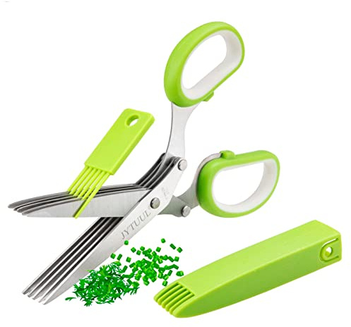 JYTUUL Herb Scissors, Multipurpose Sharp Kitchen Herb Cutter Shears with 5 Stainless Steel Blades, Safety Cover, Cleaning Comb, Cool Kitchen Gadgets for Cutting Fresh Garden Herbs, Dishwasher Safe