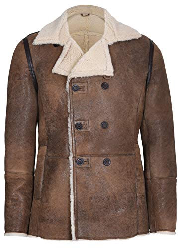 Infinity Leather Bräunen Deutscher Zweireiher aus Echtem Schaffell Lammfell Lederjacke Mantel 2XL