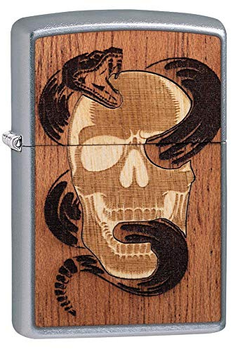 Zippo Zppo Woodchuck USA - Encendedor de Bolsillo con Calavera y Serpiente, diseño de Calavera y Serpiente, Color Cromado