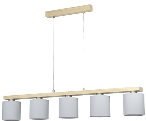 EGLO Pendelleuchte Castralvo, 5 flammige Hängelampe, Elegant, Hängeleuchte aus Stahl in Nickel-Matt, Holz in Braun und Textil in Weiß, Esstischlampe, Wohnzimmerlampe hängend mit E27 Fassung