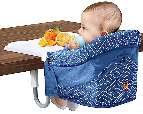 MTWML Tischsitz Baby mit Abnehmbarem Tablett, Tragbarer Hochstuhl zum Anklippen für Babys Kleinkinder, Faltbarer Reisehochstuhl mit 5-Punkt-Gurt, Tragetasche für Esstisch Unterwegs(Streifen-Blau)