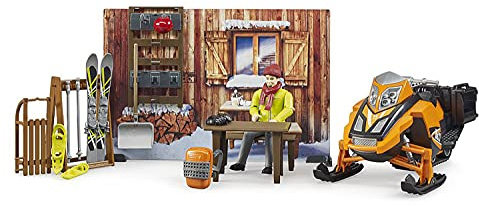 bruder 63102 - bworld Cabane de montagne avec motoneige et figurine, motoneige, skieur, jouet d'hiver