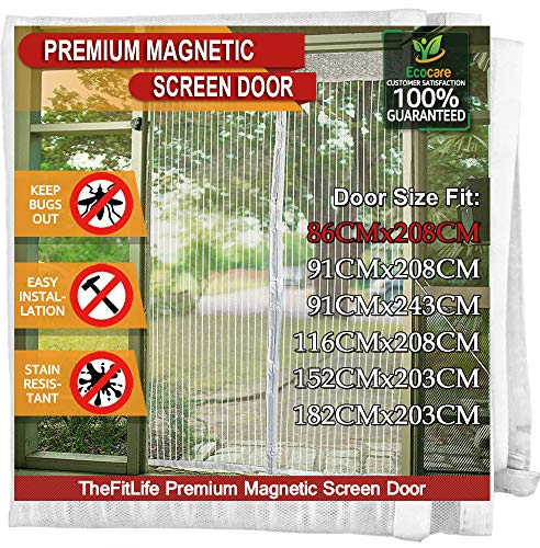 TheFitLife Magnetic Fly Screen Door, Heavy Duty Mesh Curtain, Hands Free | 92x210cm - Fits Doors up to 86x208cm Max, White, with Full Frame Hook & Loop Powerful Magnets, Pet & Kid Friendly