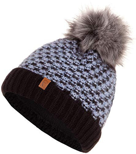 Faera Wintermütze weich gefüttert mit Kunstfell Bommel-Mütze Fleece-Futter Winter Strick-Mütze Beanie-Mütze Damen Herren One-Size 04, Farbe:Blau