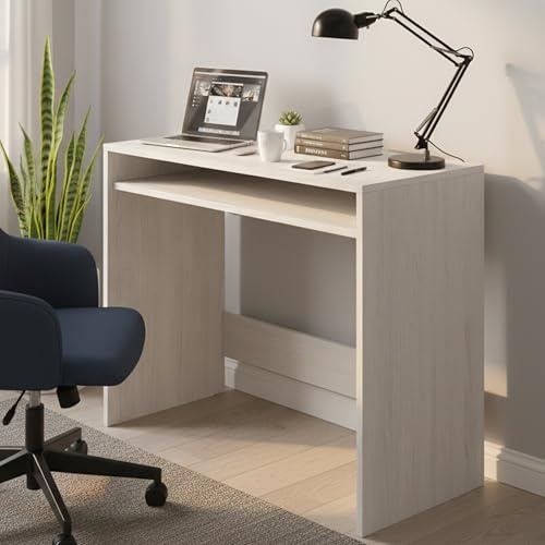 Dmora - Scrivania Portland, Scrittoio lineare con ripiano fisso, Tavolo da studio o ufficio porta PC, 79x43h78 cm, Bianco effetto legno