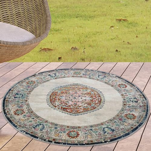 CARPETIA In- & Outdoor Teppich Rund Vintage Orientmuster Bunt Ø 160 cm