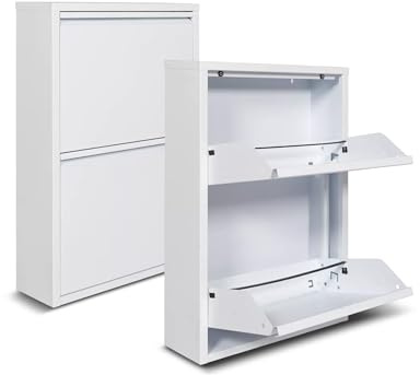 WDMT Metall-Schuhschrank 2-Türen - 50 x 15 x 71,5 cm - Platzsparendes und Stilvolles Schuhregal - Moderne Schuhschränke - Schuhaufbewahrung - Weiß
