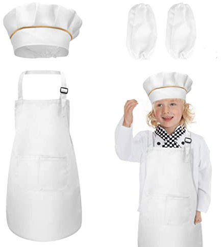 TSHAOUN Bambini Grembiule e Cappello da Cuoco Maniche Set con 2 Tasche Grembiule Regolabile per 5-12 Anni Ragazze Ragazzi per Pittura Cucinare e Cuocere Artigianato e Agricoltura (Grande, Bianco)