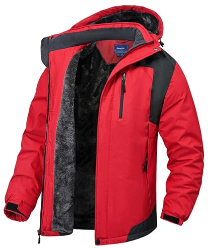 Rapoo Winterjacke Herren Skijacke mit Kapuze Warme Fleecejacke Jacke Arbeitsjacke mit Multi Taschen Dicke Hardshelljacke Männer Kurz Parka Rot L