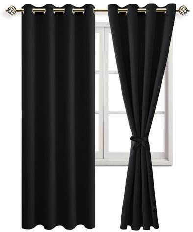 JIUZHEN Thermo Vorhang Gegen Hitze Verdunkelungsvorhang Schwarz H215xB140cm | 2er Set Gardinen Schlafzimmer mit Raffhalter Übergardinen Gardinenschals Window Curtain für Kinderzimmer Wohnzimmer UV-Schutz