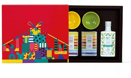 Frantoio Muraglia - Pacco regalo Degustazione con Olio Extra Vergine di oliva - 5 Articoli - Essenza Fruttato Intenso, Medio e Denocciolato - Creato e Decorato a mano dai nostri artigiani pugliesi