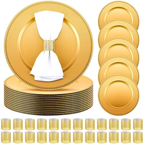 Rtteri 48 Pcs Charger Plates Set, Bulk 24 Plastic Plate Chargers with 24 Napkin Rings, 13 Inch Round Dinner Chargers for Table Setting Wedding Party Baby Shower Event Decoration(Gold)