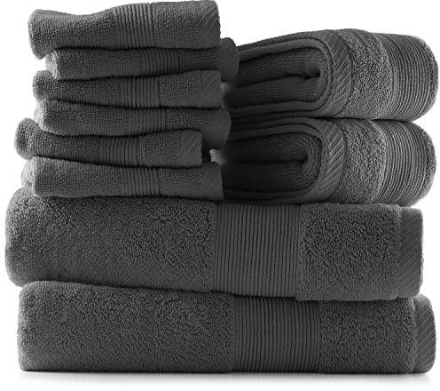 Hearth & Harbor Bath Towels for Bathroom - 100% Ring Spun Cotton Luxury Bathroom Towels - Ultra Soft & Highly Absorbent, Bath Towels Set of 10 - Dark Gray