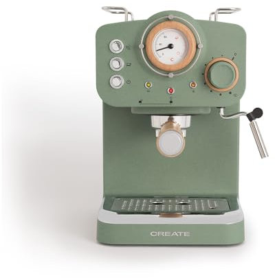 CREATE / THERA RETRO/Cafetera Express Semiautomática Verde Sage Mate y Madera / 20 bares, brazo doble salida, depósito 1,25L, café molido y monodosis ESE 55mm, con vaporizador, 1100W