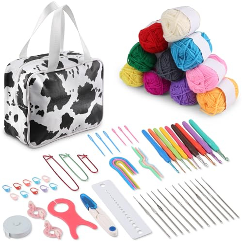 Povxlum 64pcs Crochet Kit Knitting Needles Supplies for Beginners with Wool Yarn Storage Case Crochet Hooks 0.6mm-1.9mm Knitting Tool Accessories with Carry Bag