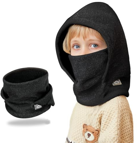 AYPOW Cagoule d'hiver Thermique pour Enfants 4-10Ans, Multifonction Coupe-Vent Réglable Masque de Ski, Bonnet Tricoté Polaire Chaude, Casquette Cache-Cou Tour de Cou écharpe Garçons Filles Plein Air