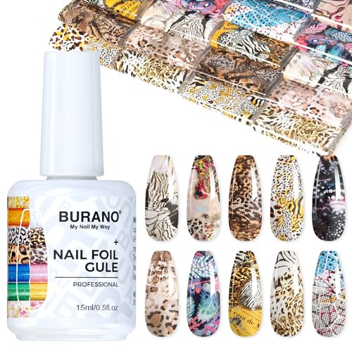 BURANO Transferfolie Nägel Nagelfolien, 15ml Nail Art Foil Kleber Gel mit 10PCS Foliensticker Nail Transfer Tipps Nagelsticker Transferfolie Sticker Set 20