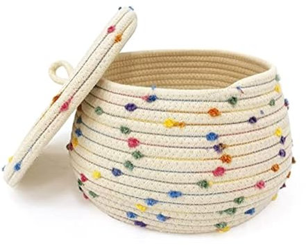 Feriany Cesta pequeña de cuerda con tapa, pequeña cesta de almacenamiento redonda tejida con tapa para organizar