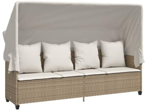 vidaXL Sonnenliege mit Dach und Kissen Beige Poly Rattan