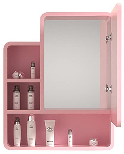 WLCNYL Medizinschrank Badezimmerspiegelschrank Versteckter Spiegelschrank aus massivem Holz Einfacher Badezimmerspiegel mit Regal Wandspiegelbox Rosa Spind (Farbe: Rosa, Größe