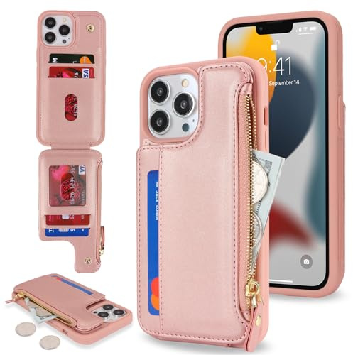 SailorTech för iPhone 13 Pro Max telefonfodral med kreditkortshållare för män, iPhone 13 Pro Max fodral med kreditkortsfack, plånbok med dragkedja för kvinnor – roséguld