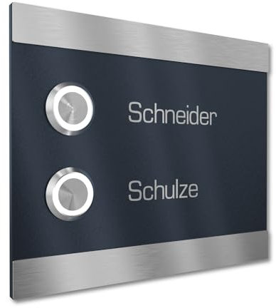 Graviers Design Türklingel für Mehrfamilienhaus 2 Namen Gravur - V2A Edelstahl Klingel 140x115 mm - LED Taster Unterputz wählbar Aufputz für Haustür 2-fach