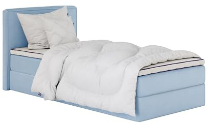 mybed. Boxspringbett Einzelbett Mitto Conti Linke Seite Polsterbett mit Bettkasten Blau 120x200 Bonnell-Matratze H3 und Topper Jugendbett Kinderbett