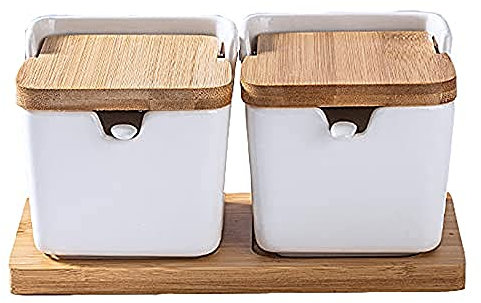 BZVCRTYKL Sucrier, sucrier en céramique avec cuillère et couvercle en bambou for la maison et - design moderne, plateau en bois-Blanc ||6pcs/665(2pcs)
