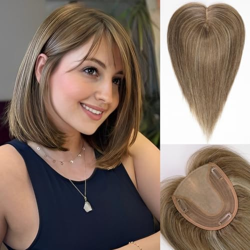 HAIRCUBE Echthaar-Haarteil mit Pony für Damen，5x5,5 Zoll Basis，14 Zoll Hellbraun，zur Deckung von grauen Ansätzen und dünner werdendem Haar
