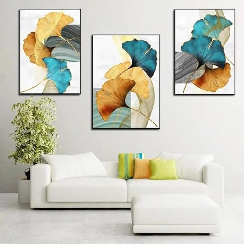 BMGKYAGL Sektor Blau Gelb Blattgold Leinwand Poster Blume Pflanze Drucke Malerei Abstrakte Wandkunst Nordische Moderne Bilder Wohnkultur 70x100cmx3 Rahmenlos