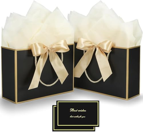 FLUETOOD Gift Bags for Presents, 2pcs Paper Medium Black Gift Bag with Handle for Party Wedding Birthday Baby Shower and Christmas (28 * 10 * 20 cm)