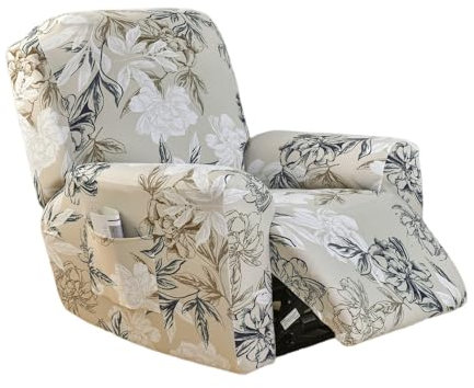 EBETA Sesselhussen Sesselüberwürfe Komplett Sesselschoner, 4-Teilig Elastisch Schonbezug Relaxsessel Bezüge Stretch Liegesesselbezug mit Taschen (Blume)