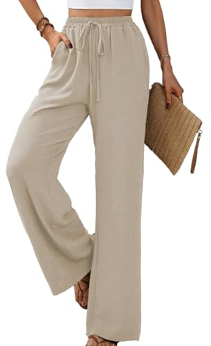 Yeenily Damen Hosen Weites Bein Sommer Leichte Palazzo Hose Herbst Freizeit Locker Stoffhose Elegant Einfarbig Lang Sommerhose mit Taschen (Beige, L)