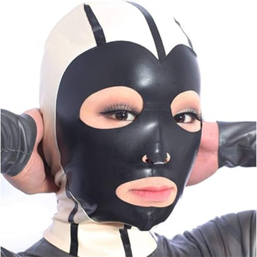 YXFHHY Hochwertiges Latexmaterial Bondage Sexspielzeug Sm Latex Maske Sex Maske Schwarz-weiß-farbabstimmung Offener Mund Und Augen Erstickungs BDSM Fetish Volle Bondage Maske Rollenspiel