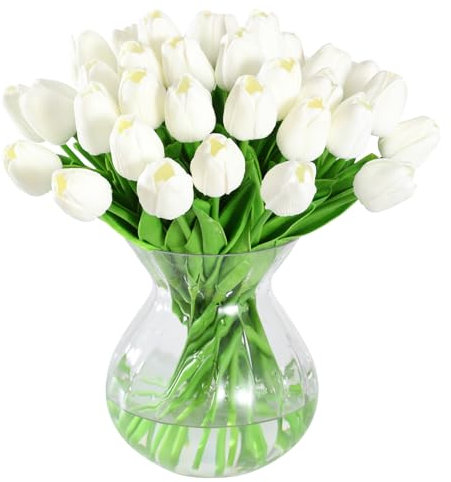 JUSTOYOU 40PCS Artificial Flower Tulips,Fake Real Touch Latex Tulip,Faux Flower Tulip Wedding Bouquets for Wedding Home Garden Decoration(White)