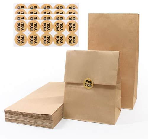 SumDirect Kraft Paper Lunch Bags - 50 Count Brown Paper Bags with sticker, Bulk Durable Bags for Sandwich Bread Gift Wrapping, Food, Party Favor (10x15.5x30cm)