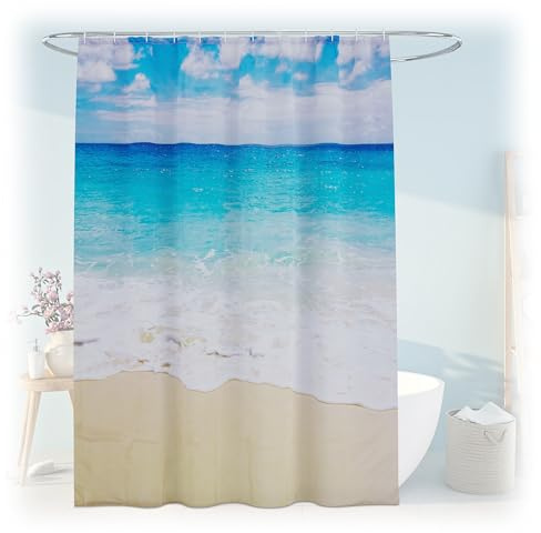 Relaxdays Stranddesign duschdraperi, badrum, 180 x 200 cm, mögelbeständig, tvättbar, 12 ringar, för badkar, flerfärgad, polyester