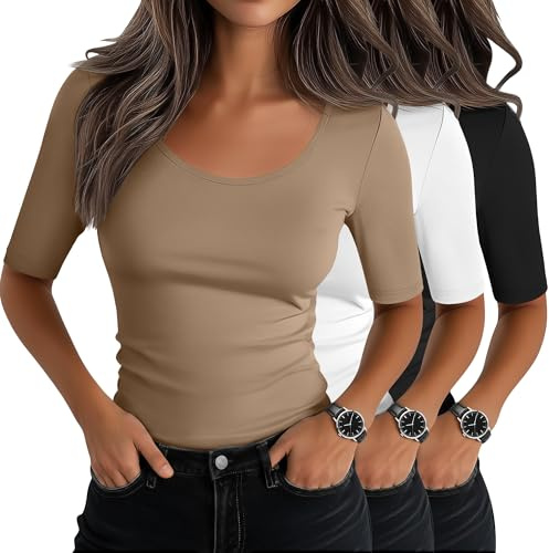 Neer Pack de 3 Tops Mujer Escote Redondo Manga Media Ajustados Estirables Mezcla Algodón Básicos Verano(Negro, Caqui, Blanco,S)