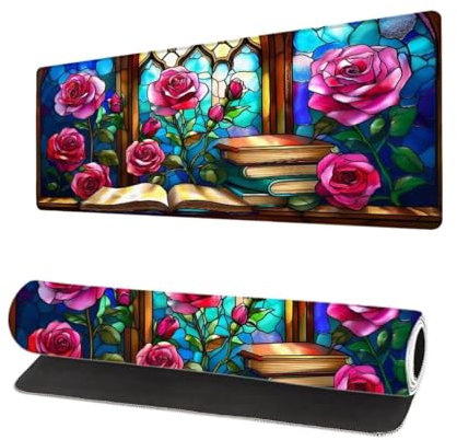 Tappetino Mouse Grande Libro, 700x300x3mm XXL Tappetino Mouse Gaming Fiore, Tappetino da Ufficio Antiscivolo, Waterproof Tappetino Mouse e Tastiera, Mousepad con Bordi Cuciti per Home, Ufficio A-8