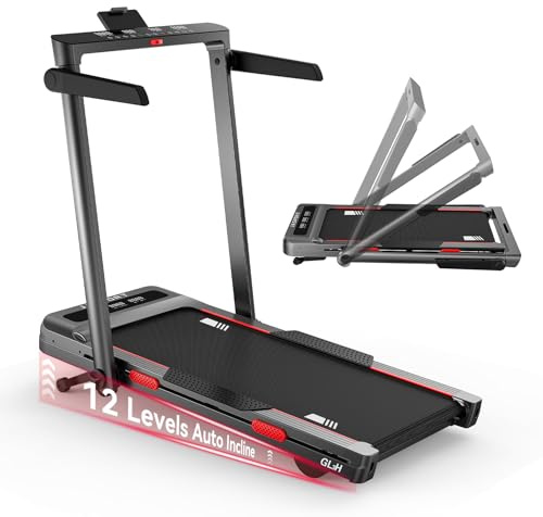 JASPORT GL3H Laufband mit 12° Steigung, 2-in-1 Walking Pad bis 14 km/h, 3.0HP leiser Motor, 18 Programme, Touch & Fernbedienung, Dual LED, faltbar 157 mm, Bluetooth App Zwift/Kinomap, Heim & Büro