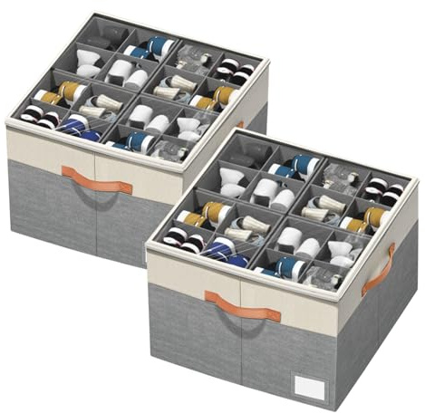 Aokeyee Shoe Organizer for Closet,2 Pack Foldable Shoe Storage Organizer Box Bin with Adjustable Dividers and Clear Cover, Fits up to 16-32 Pairs