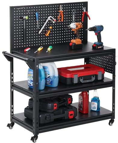 ENJOYWOOD Workbench with Dual Pegboards 3-Tier Adjustable Rolling Work Table Heavy Duty Metal Tool Bench with Push Handle & Wheels Mobile Workstation for Garage, Workshop, Warehouse