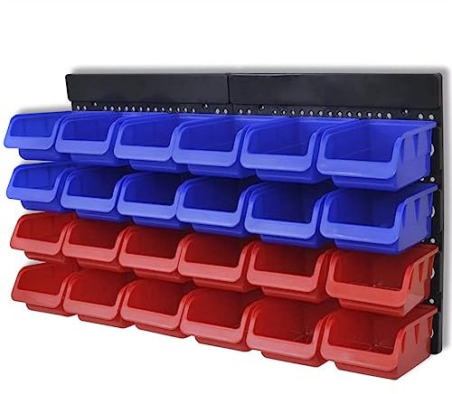 Makastle Stapelboxen Wandregal 24-teiliges Set Sichtlagerkästen, Schüttenregal, Steckregal, Sortimentskasten, Kleinteilemagazin, Werkstatt-Regal, Blau und Rot