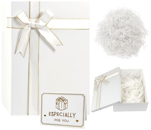 MSLHUB Geschenkbox mit Deckel, 28 x 20 x 9 cm Geschenk Box Karton Groß mit Schleife Grußkarte und Bast, Faltbare Geschenkverpackung Box für Geburtstag Hochzeit Weihnachten (Weiß)