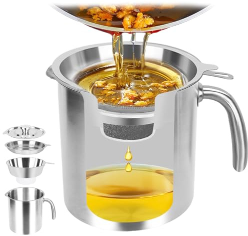 Cooking Oil Filter for Kitchen 304 Stainless Steel Oil Pot with Fine Mesh & Activated Carbon – Deep Fryer Grease Container for Reusable, Odour-Free – SAIERTE