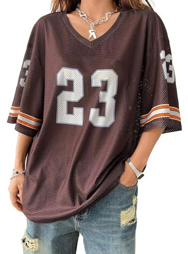 Cusghjbsg Women Basketball T-Shirt Summer Short Sleeve V Neck Number Print Loose Tops Oversized Jersey Baggy Pullover Shirt Streetwear (Chocolate M, M)