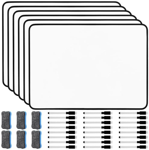 LOLYSIC 6 Stück 30 X 21cm Whiteboard Klein A4 Mini Whiteboard Doppelseitige mit Schwarzem Rahmen mit 24 Stiften und 6 Board Radierer, Abwischbare Tafel für Klassenzimmer, Schule, Büro, Haus