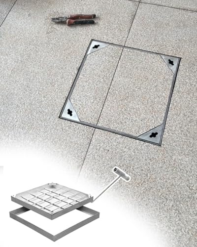 ENHEN Caniveau Exterieur Couvercle et Cadre D'égout Encastrés Invisibles, Couvercle de Regard Carré en Acier Inoxydable pour Béton, Ciment, Carrelage, Sable, Caniveau(100x100x5cm/39.4x39.4x2inch)